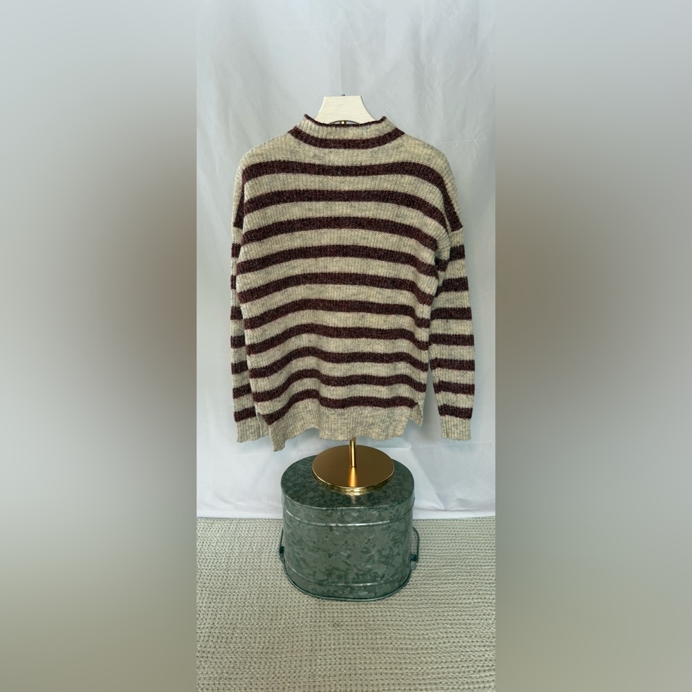 American Eagle mock neck maroon and grey striped sweater